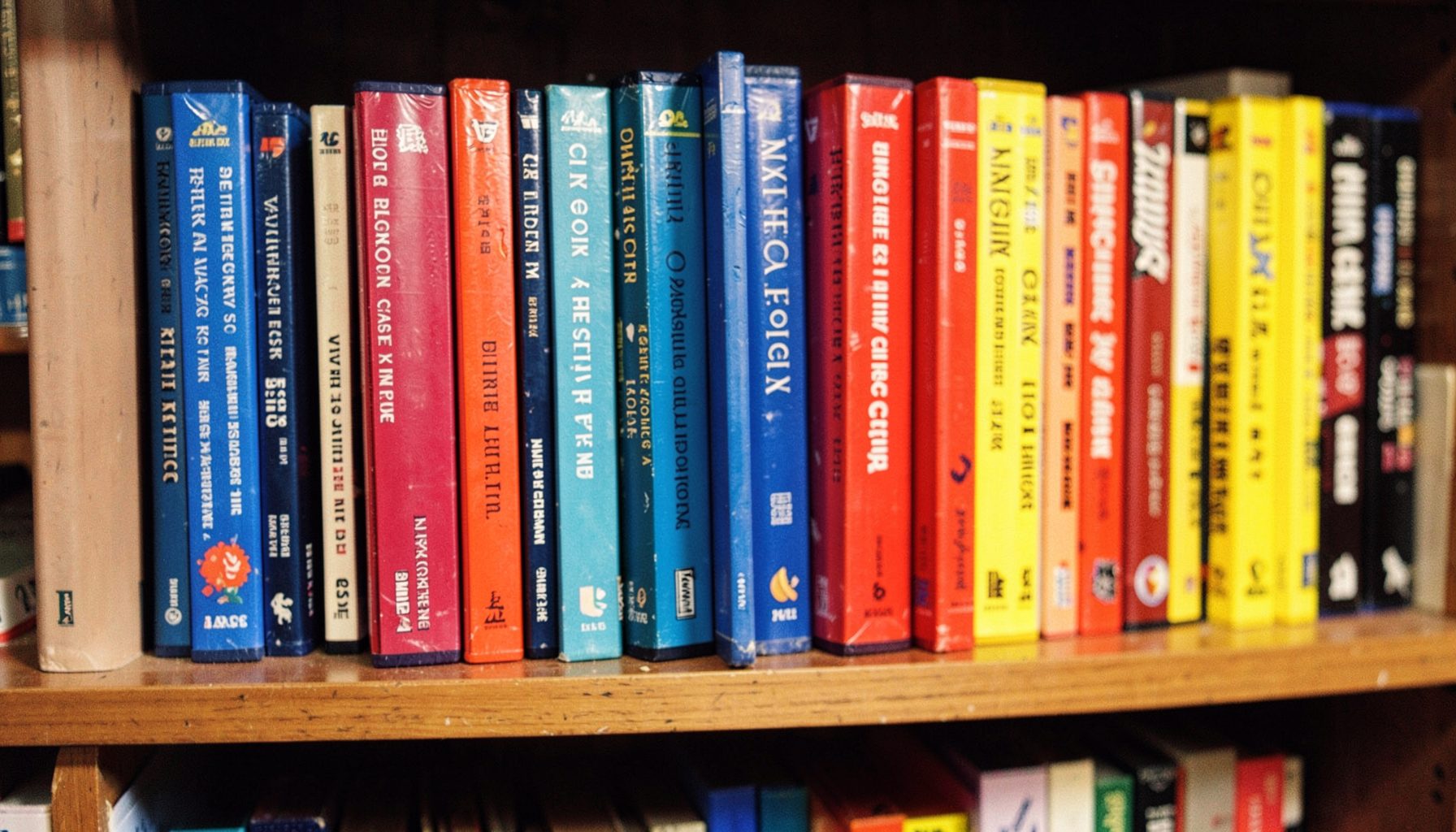 Close-up of colorful DVD and Blu-ray cases arranged on wooden shelving, spines visible with varied hues of blue, red, and yellow