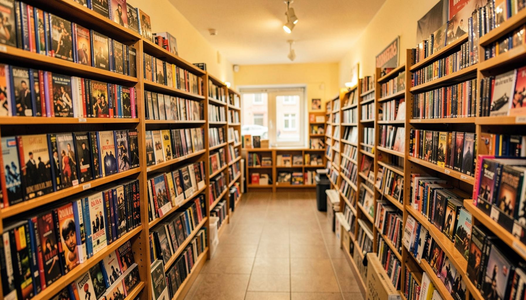 Warmly lit interior of a cozy video rental store with shelves of DVDs and Blu-rays stretching back, soft amber and cream tones