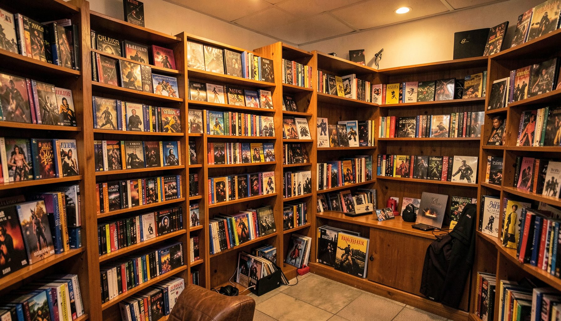 Warm interior of a neighborhood video store with wooden shelves lined with colorful DVD and Blu-ray cases, soft amber lighting creating a cozy browsing atmosphere