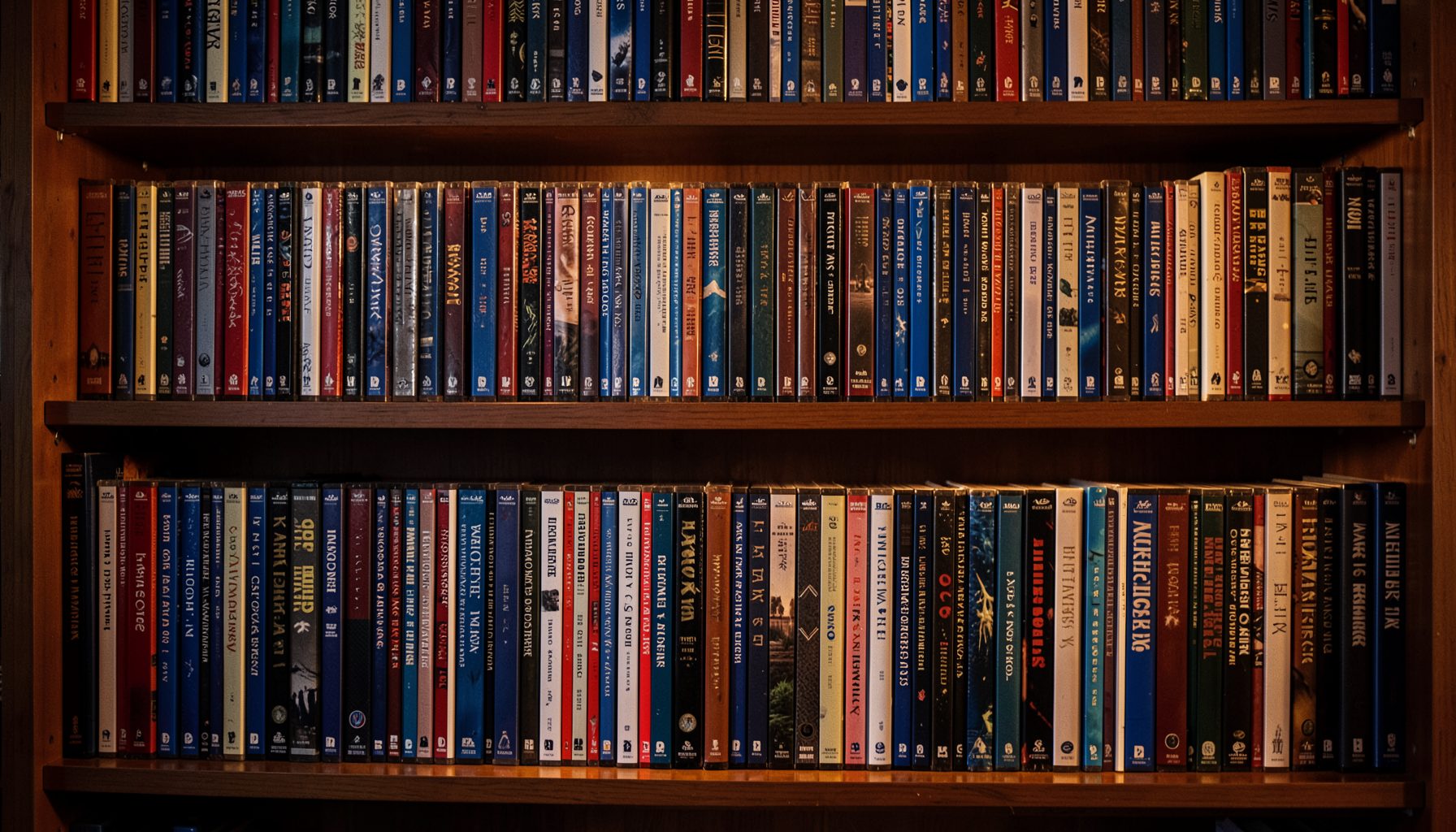 Warmly lit shelves of DVD and Blu-ray cases in deep blues, reds, and earth tones, creating a cozy cinephile atmosphere