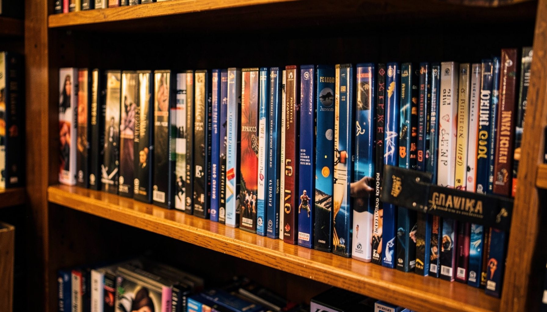 Rows of DVD and Blu-ray cases on wooden shelves in warm amber and deep blue tones, softly lit with a cozy neighborhood-store feel